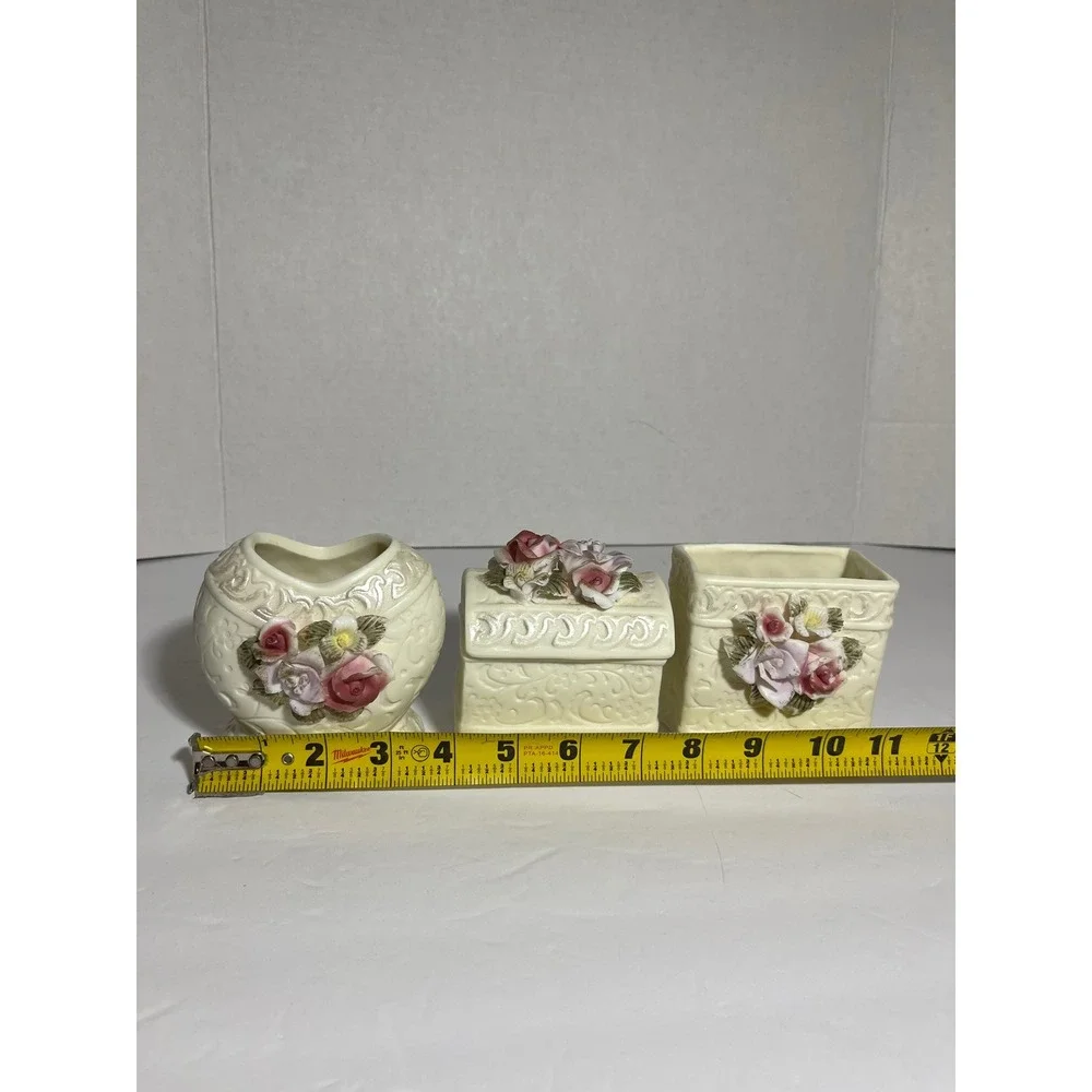 Vintage 90s Ceramic Vanity Set Cottagecore Heart Vase Trinket Box Brush Holder